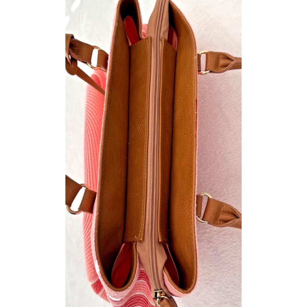 Amiani Pink Beach Bag Tote Zipper Closure Stripped Handbag Gold Shimmer - Picture 11 of 15